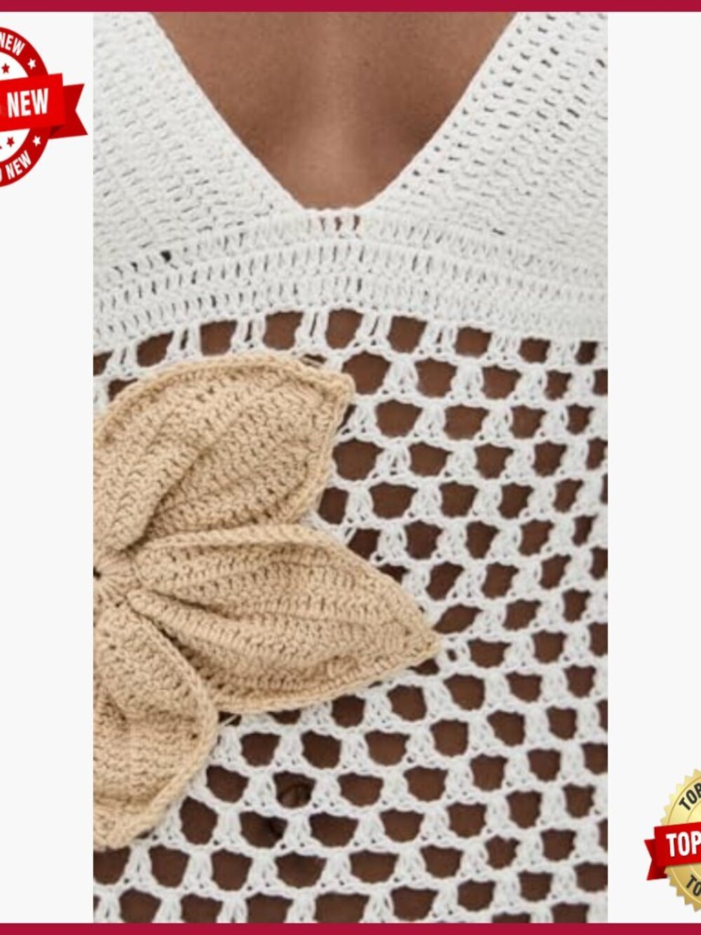 Maxi Dress with Crochet Flower Applique, V-Neck, Sleeveless, Pull On - Picture 6 of 6